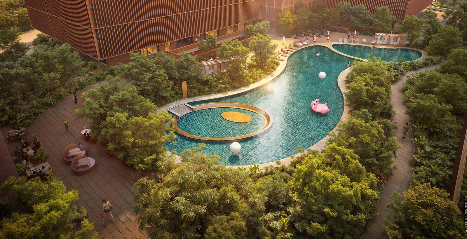 Aerial view of the landscaped pool at Max Estates Sector 59