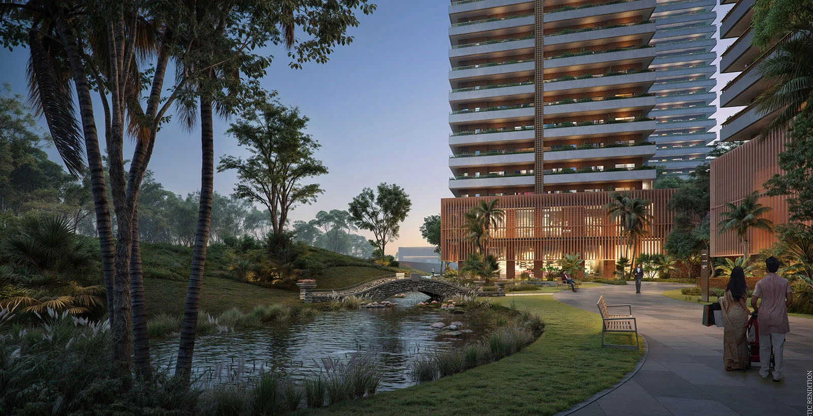 Max Estates Sector 59 at dusk with the signature eco bridge and water body