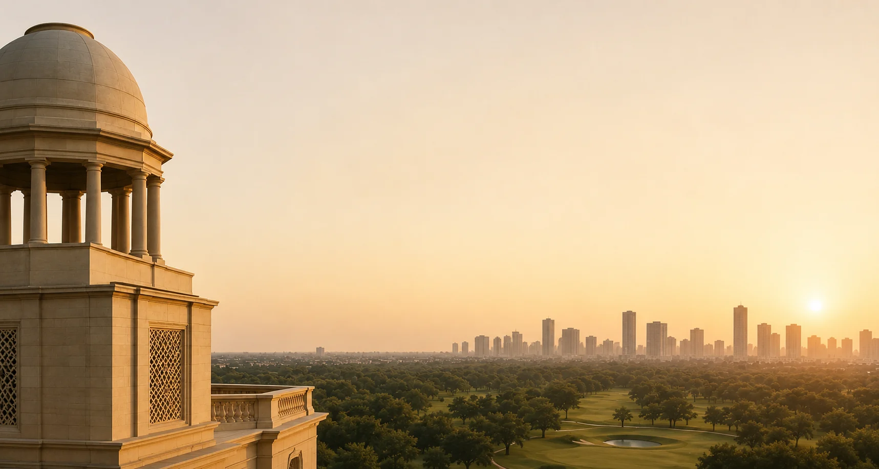 Max Estates Sector 59 Gurgaon — Lutyens-inspired pavilion overlooking the golf greens and Gurugram skyline at sunset